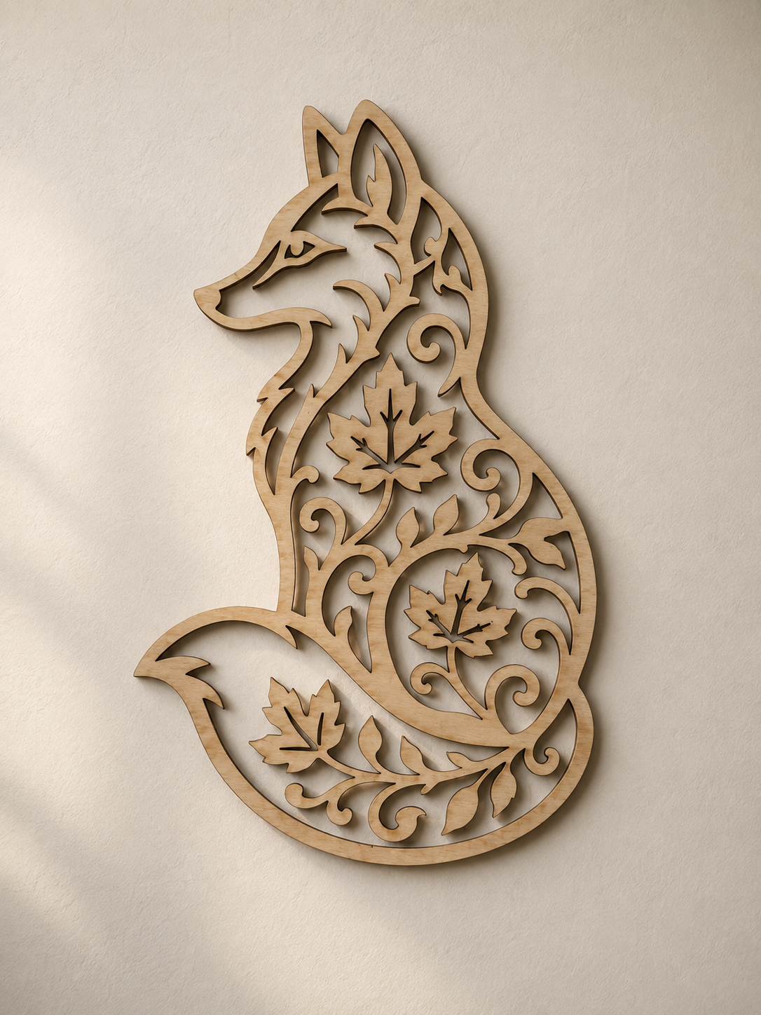 Renard décoratif en bois clair avec feuilles d’automne et arabesques végétales