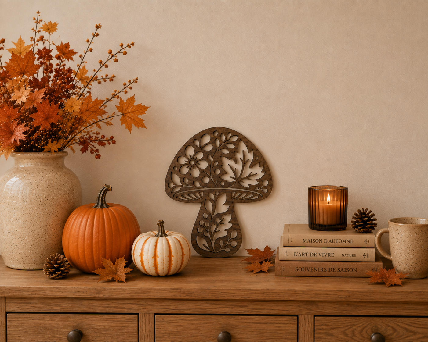 Champignon décoratif en bois exposé sur un meuble au milieu d'une décoration automnale avec citrouilles et feuillages