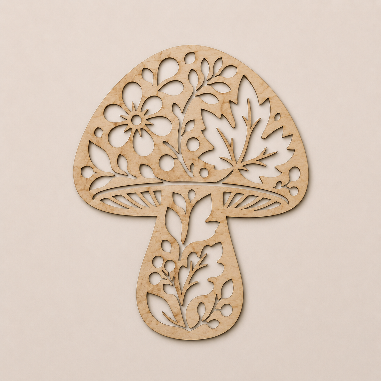 Décoration murale en bois en forme de champignon avec feuilles et motifs floraux inspirés de la nature
