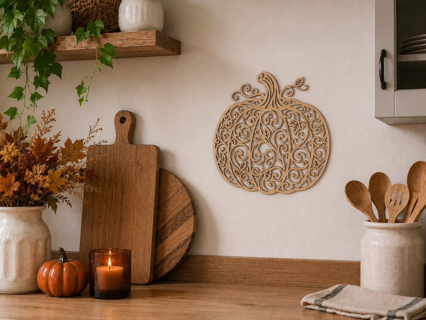 Décoration murale en bois installée dans une cuisine avec planche à découper en bois
