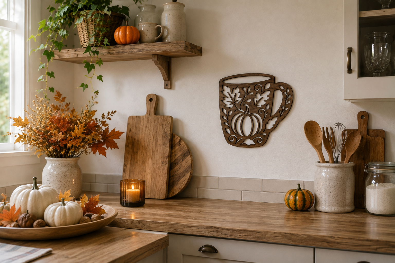 Tasse en bois décorative installée dans une cuisine chaleureuse avec accessoires en bois et décoration automnale