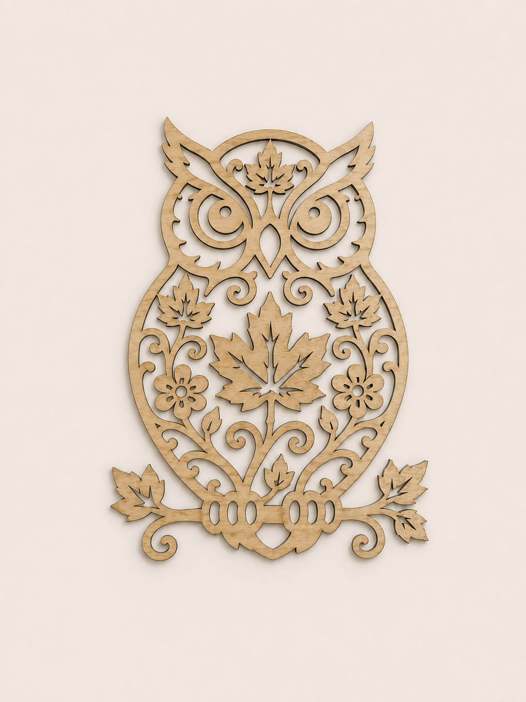 Hibou décoratif en bois clair avec motifs végétaux et feuilles d’érable sur fond clair