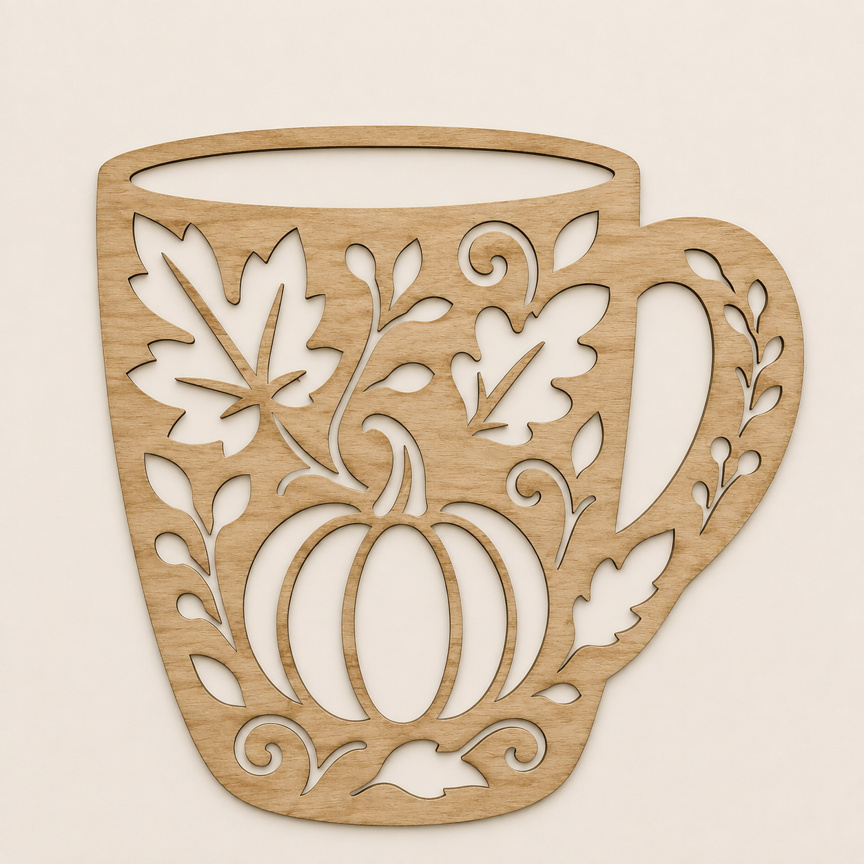 Tasse décorative en bois ajouré avec citrouille et feuillages d’automne