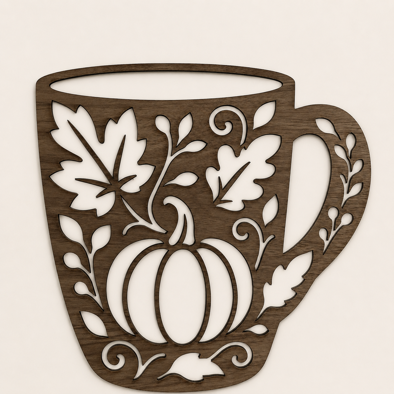 Décoration en bois en forme de tasse ornée d’une citrouille, de feuilles et de motifs végétaux