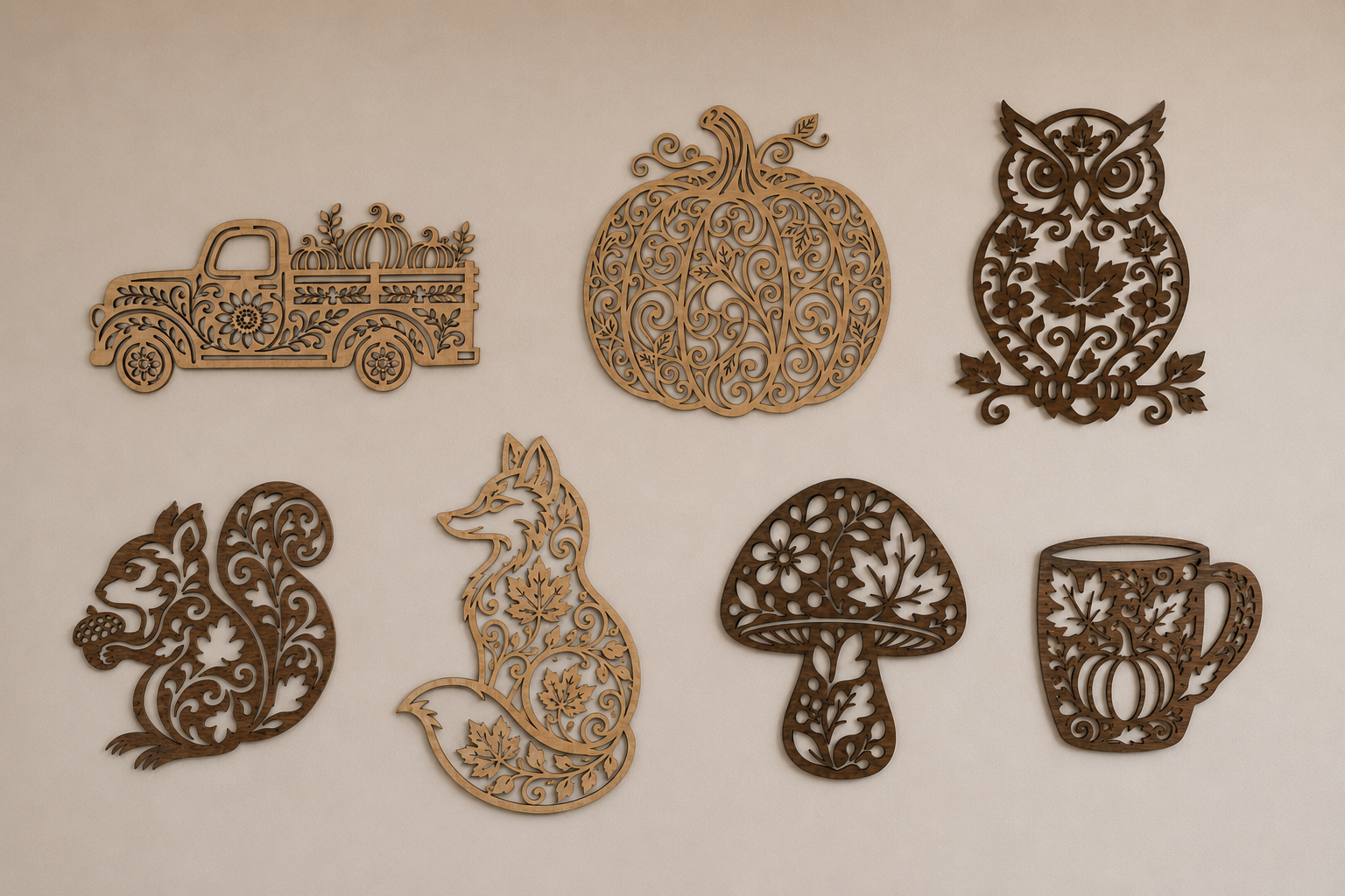 Décoration murale automne en bois – collection Trésors d’automne avec sept modèles de décorations